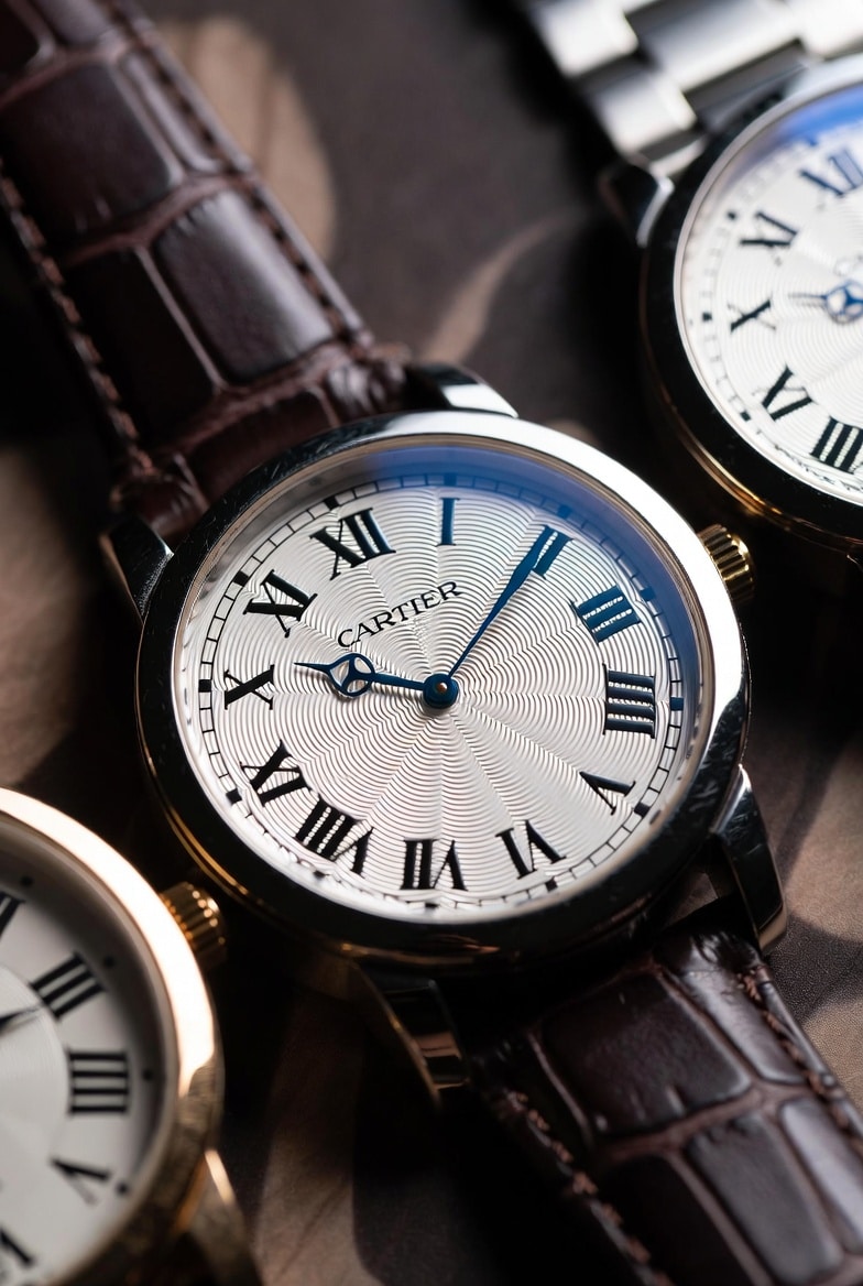 Close-up of a watch dial with Roman numerals, highlighting print quality and texture