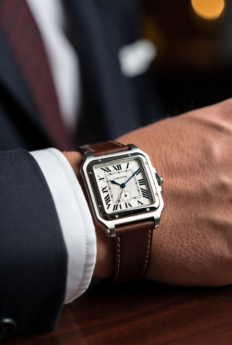 A Cartier Santos-Dumont super clone on a wrist, paired with formal wear, highlighting its elegant profile.