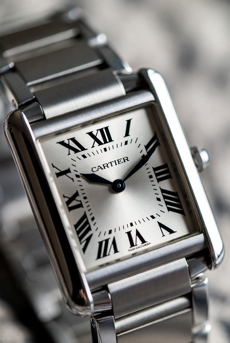 Close-up of a Cartier Tank dial and case, highlighting the integrated lugs and elongated form.