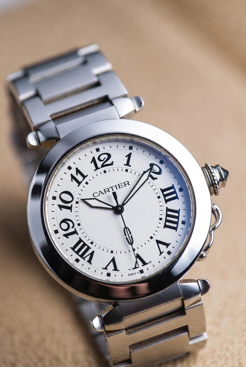 A Cartier Pasha de Cartier with its unique crown guard and integrated bracelet.