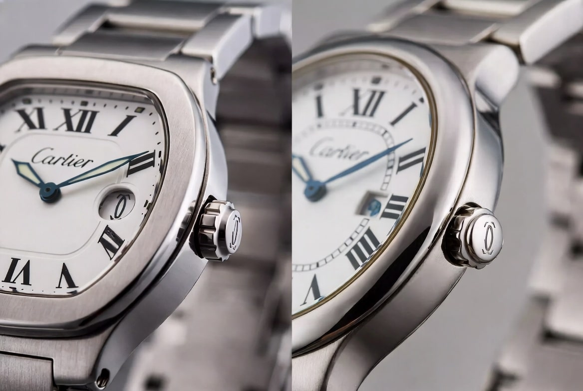 Side-by-side comparison of a thick mechanical Cartier replica versus a genuine thin Cartier, highlighting the difference in case profile.
