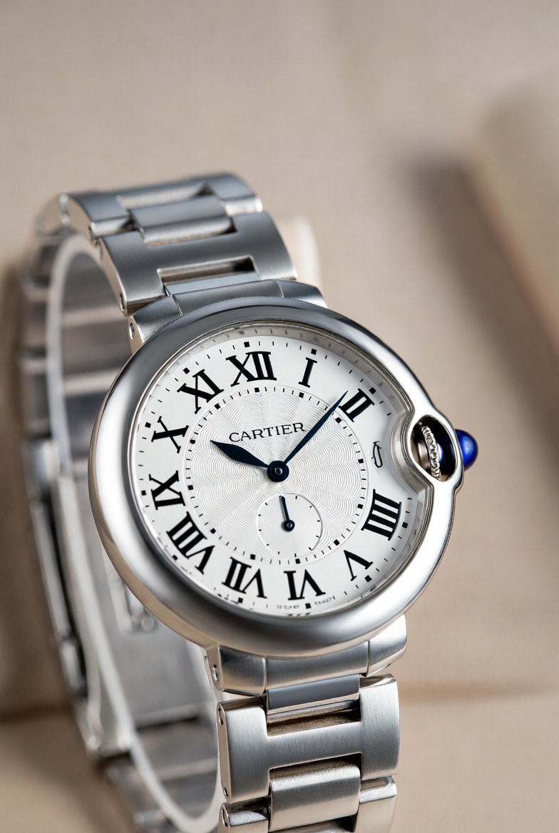 A quartz Cartier Ballon Bleu replica, showcasing its perfectly matched thinness and elegant wrist presence.