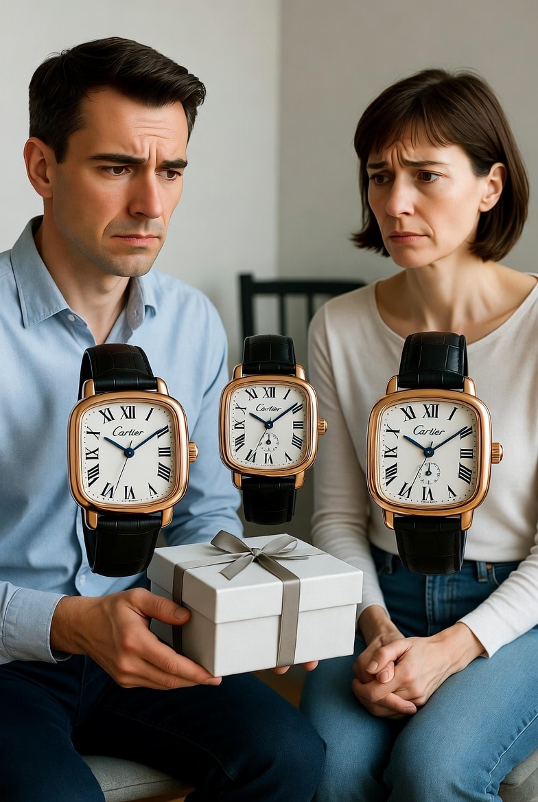 Two people sitting awkwardly, one holding a gift box, illustrating the discomfort of a difficult gift disclosure.