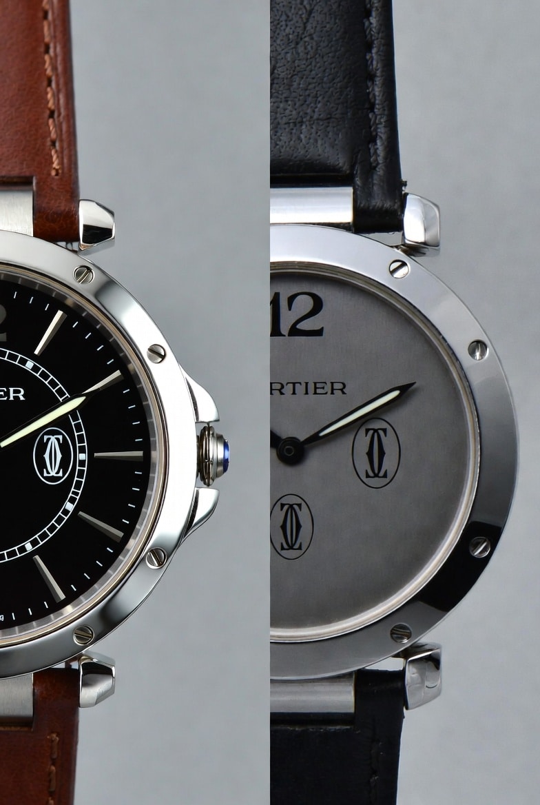 A close-up side-by-side comparison of a genuine Cartier watch and a replica, highlighting subtle differences in case profile and lug curvature.