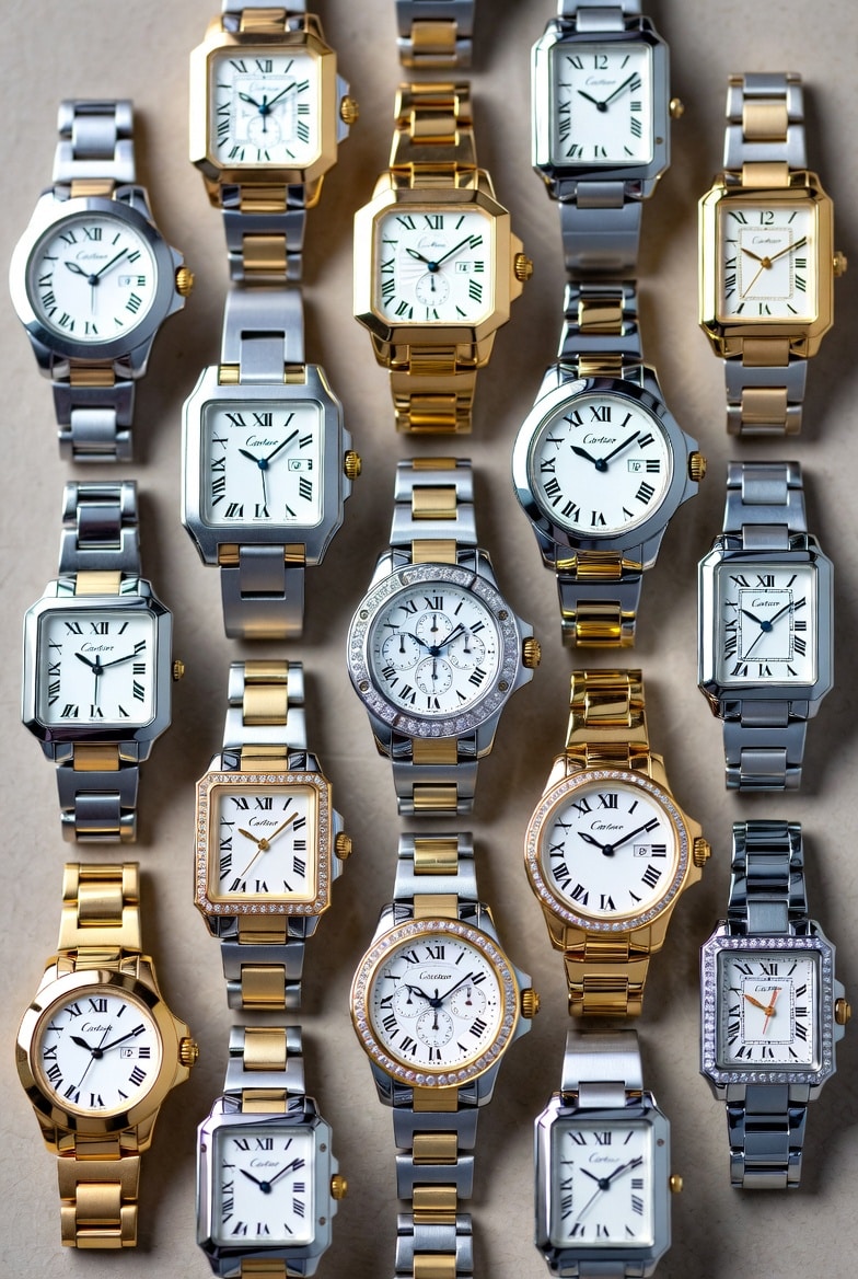 A collage of various Cartier replica watches, visually demonstrating different price tiers from basic to high-end, showcasing varying levels of finish and detail.