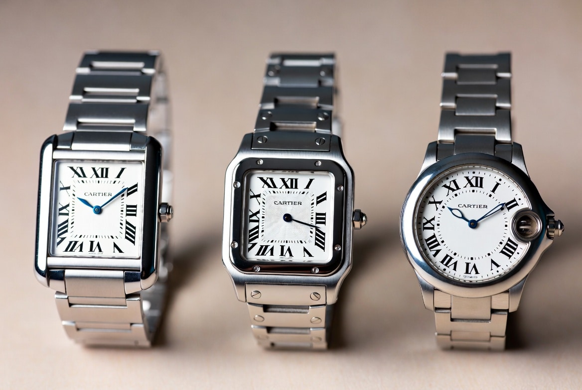A side-by-side comparison of a Cartier Tank, Santos, and Ballon Bleu super clone, highlighting their distinct case shapes and design elements.