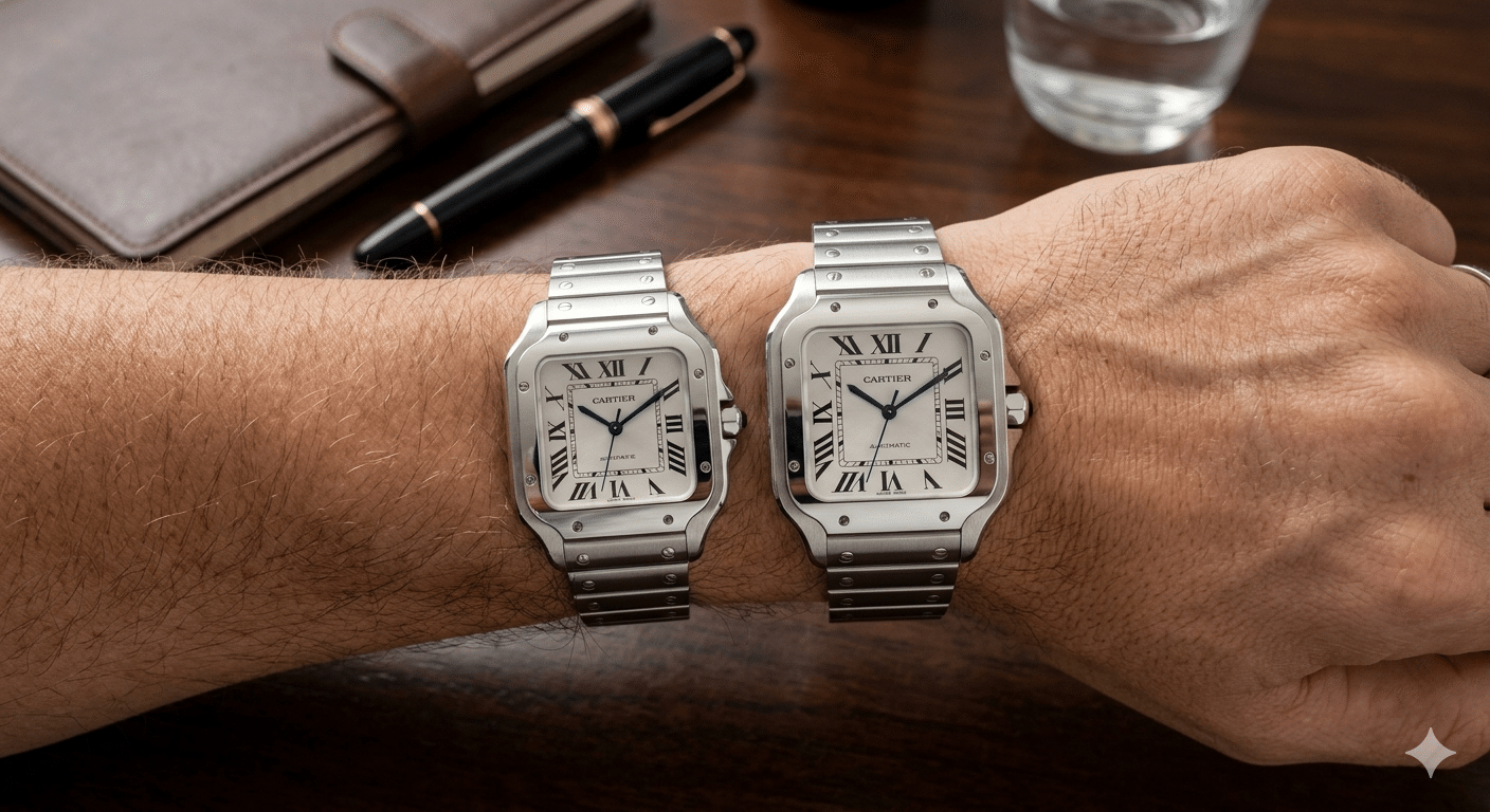 Top-down comparison of Santos Medium and Large replica watches on a wrist, highlighting the visual "footprint" difference beyond just case width.