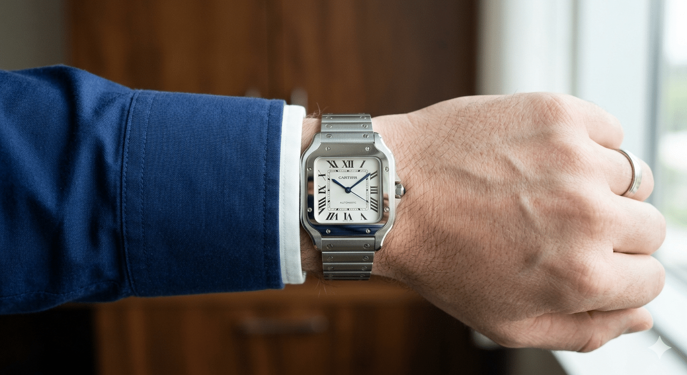Close-up shot of a Santos Medium replica under a shirt cuff, illustrating its ability to slide under fabric seamlessly.