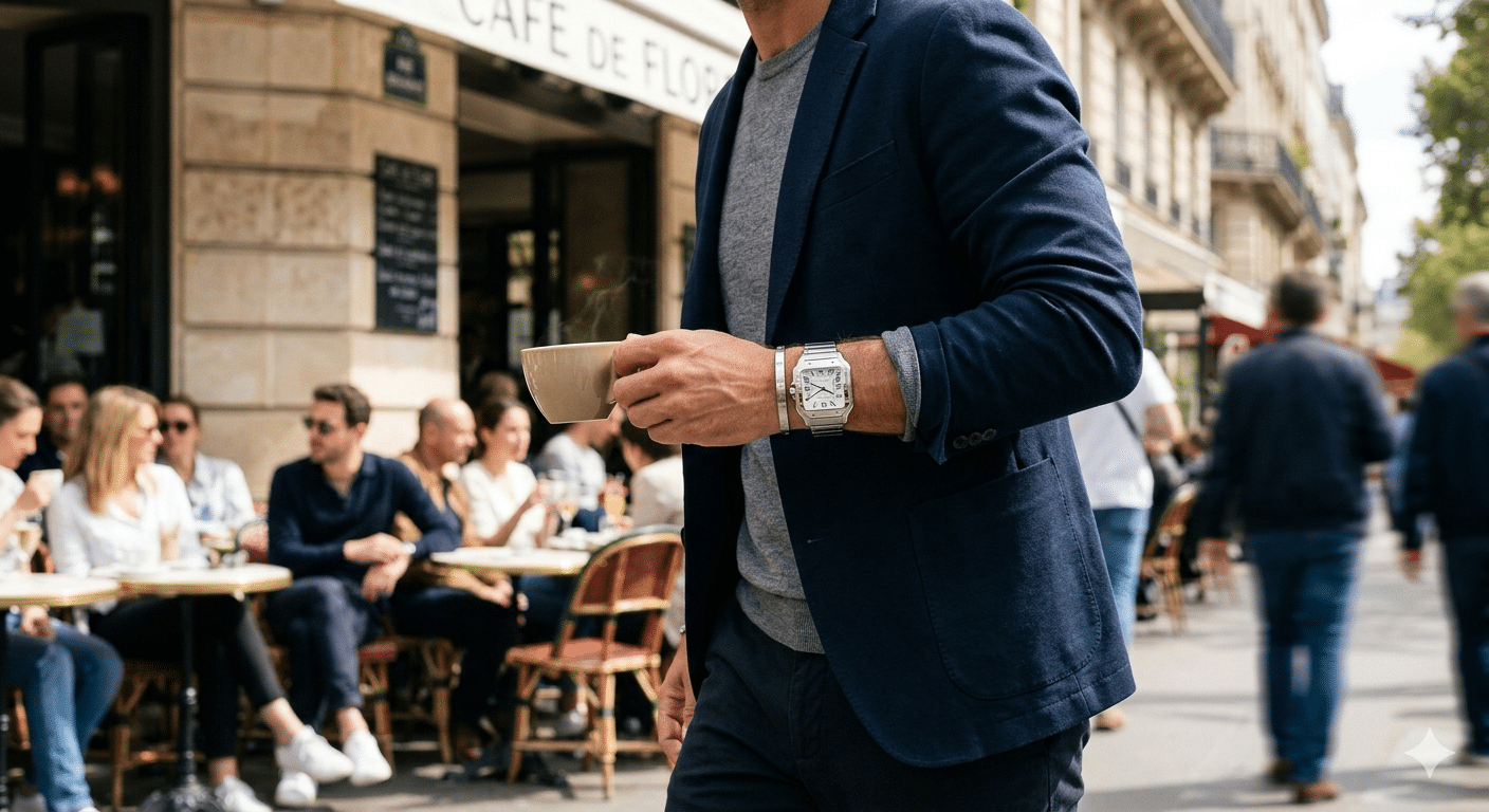 Wrist shot of a Santos Large replica in an active, casual setting, showcasing its presence and legibility.