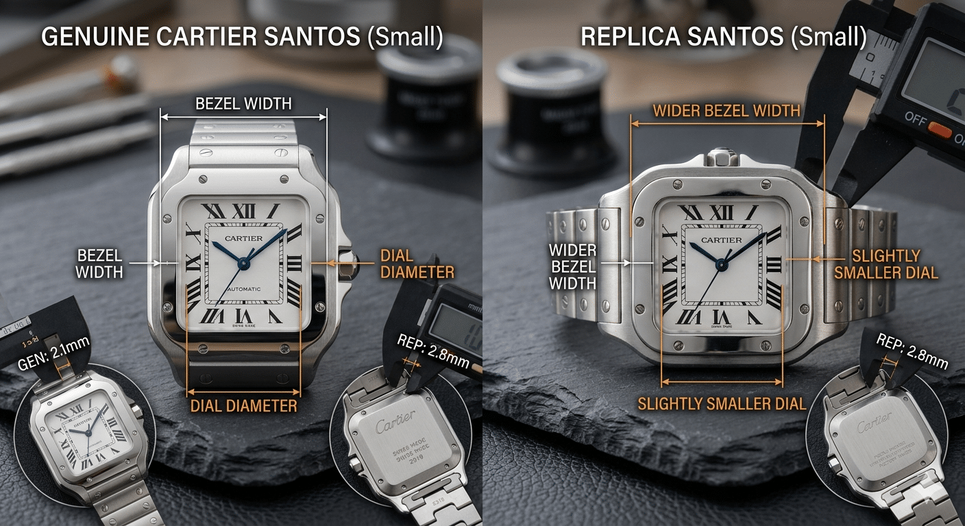 Top-down macro comparison of a replica vs. genuine Santos Small bezel-to-dial ratio, with measurement lines overlaid
