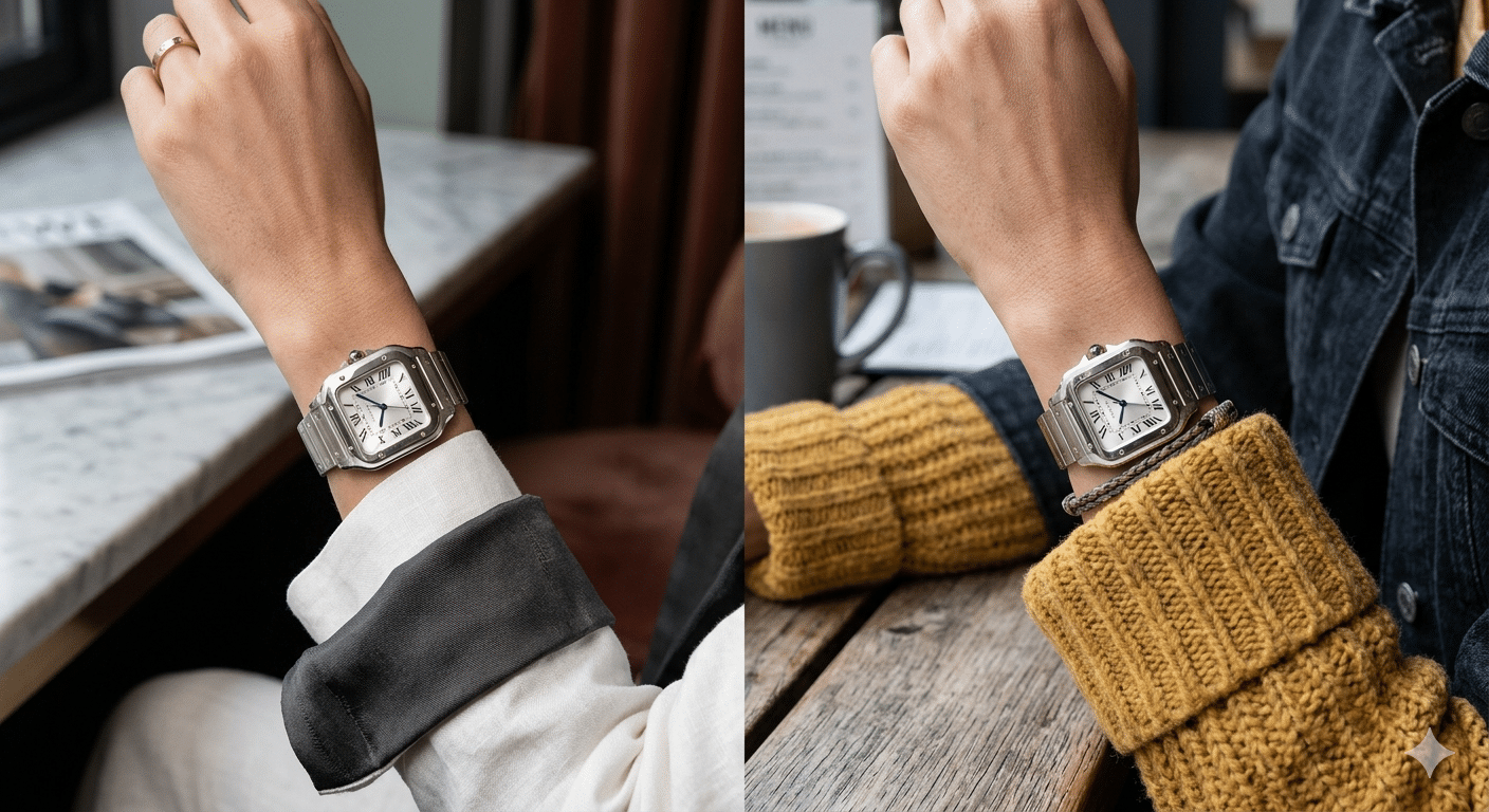 Side-by-side shot of a refined, minimalist outfit with a Santos Small on a slender wrist vs. a more casual outfit where the watch looks out of place