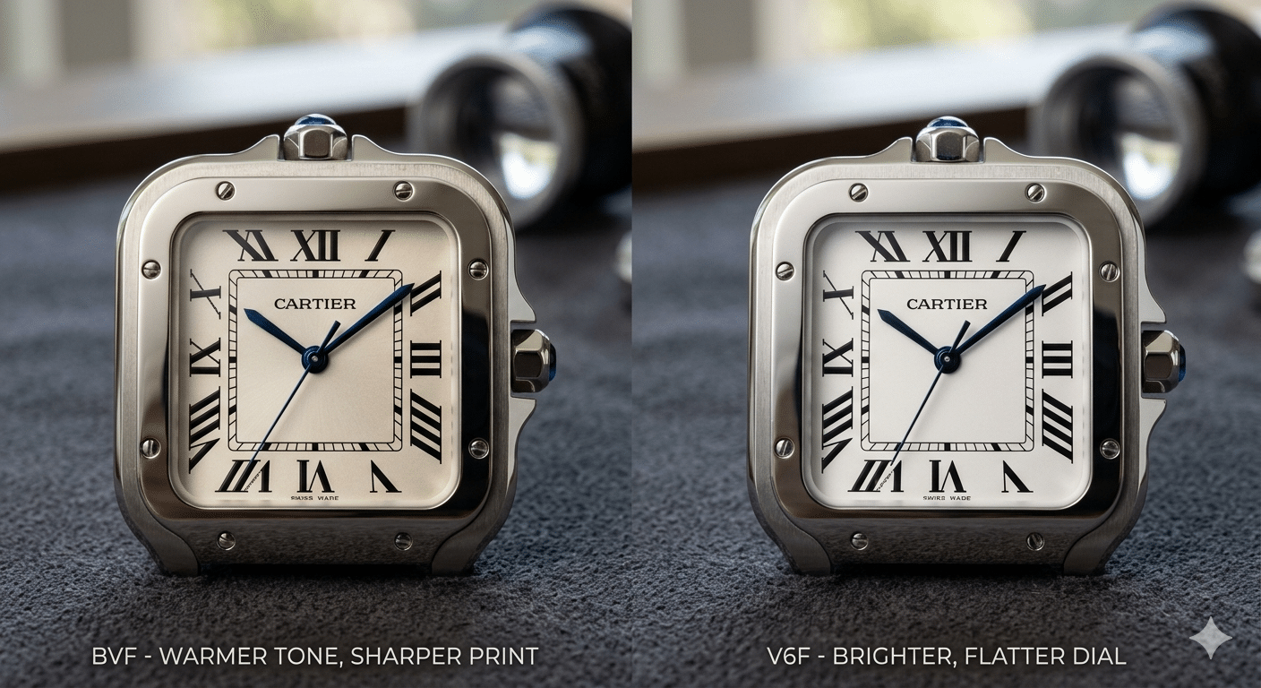 Side-by-side comparison of BVF (left) and V6F (right) Santos Small dials under macro lighting, highlighting the warmer tone and sharper printing of BVF versus the brighter, flatter V6F dial