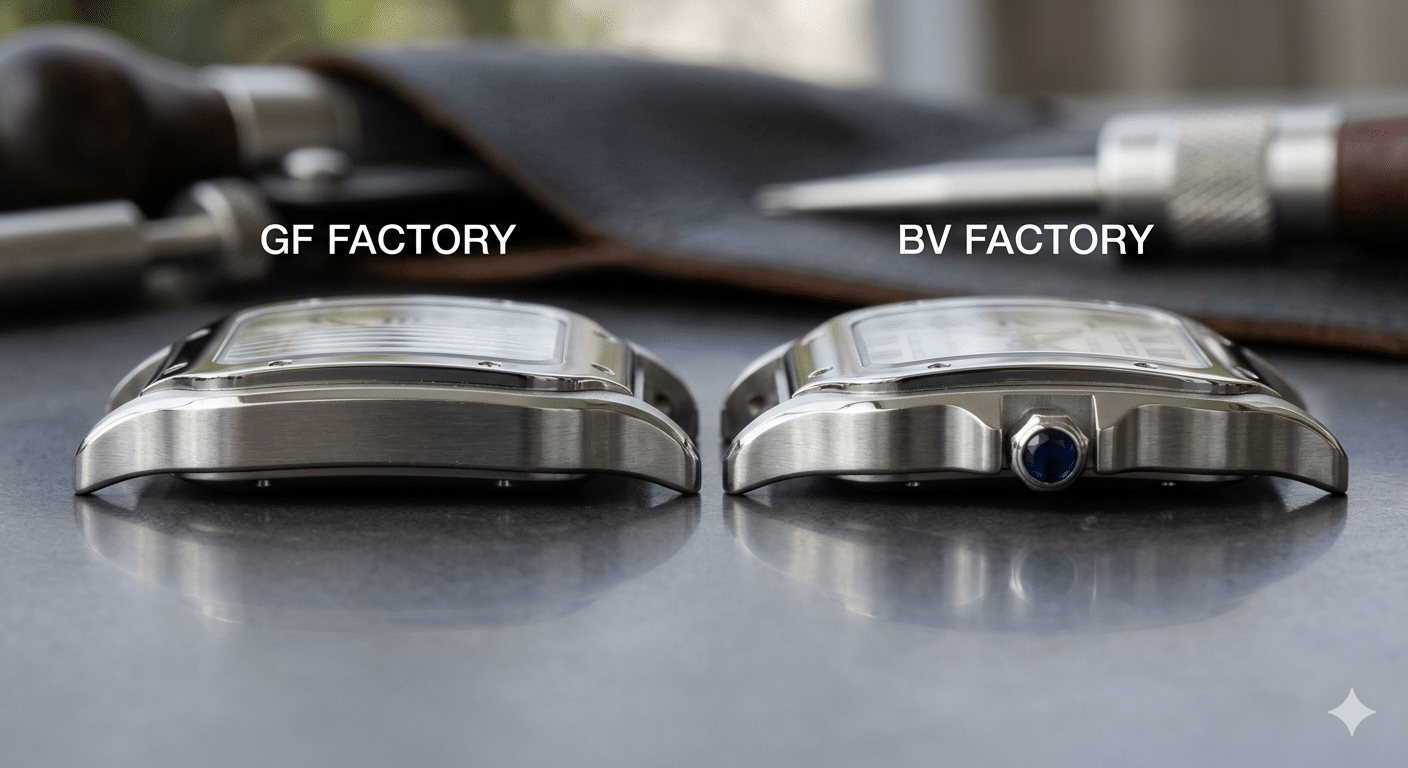 Side-by-side macro shot of GF and BV Santos bezel profiles from a sharp 90-degree angle, highlighting the step vs. curve difference.