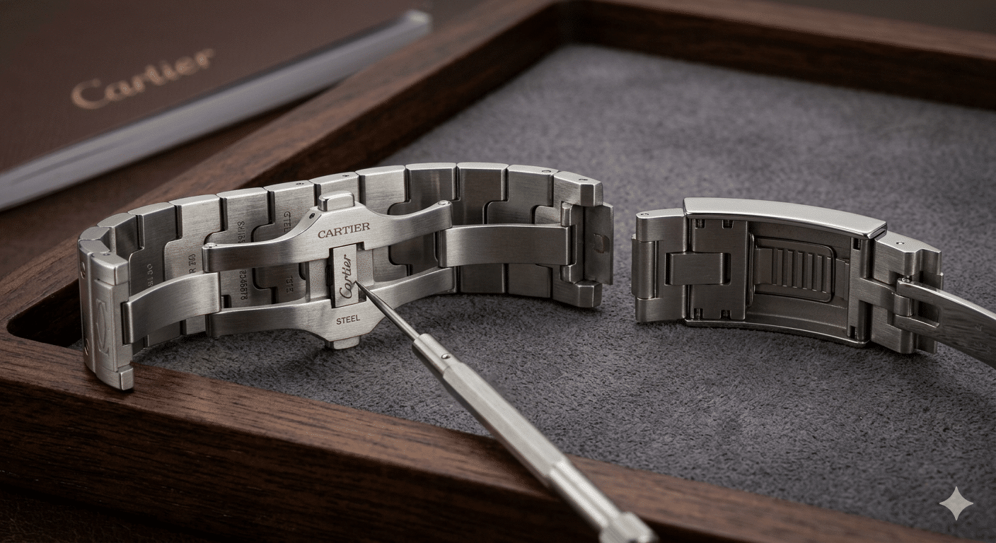 Close-up of the clasp interior of both watches, showing the finishing and mechanism, with a tool pointing to the micro-adjust feature.