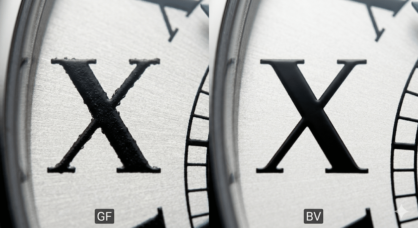 Extreme close-up comparison of the Roman numeral 'X' on GF (left) and BV (right) Santos dials, highlighting edge sharpness and paint fill consistency under macro lighting.