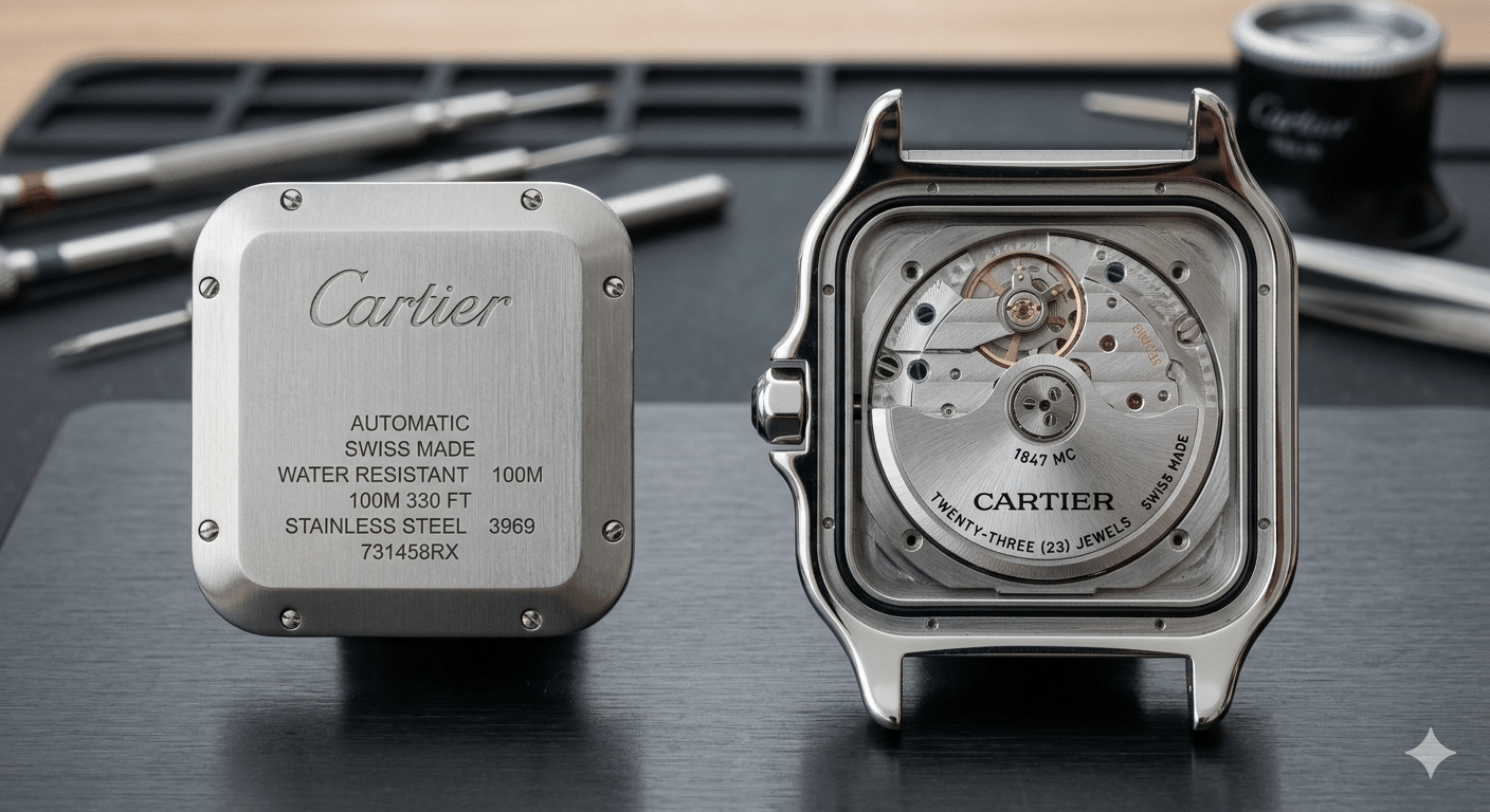Side-by-side macro shot of a Santos caseback interior showing the movement ring and how the 9015 fits within the Santos case architecture