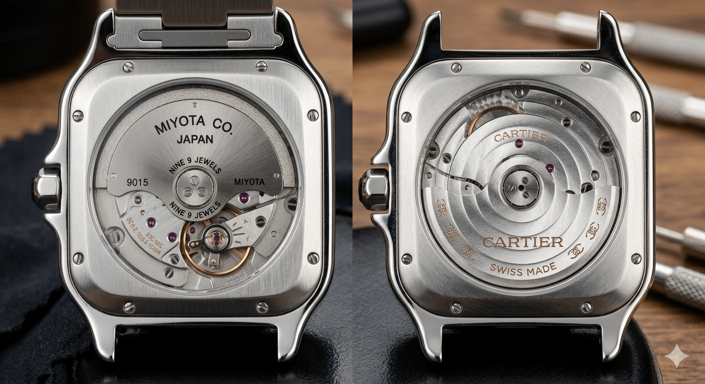 Close-up photo comparing a genuine Miyota 9015 rotor engraving vs. a generic decorated rotor in a Santos replica