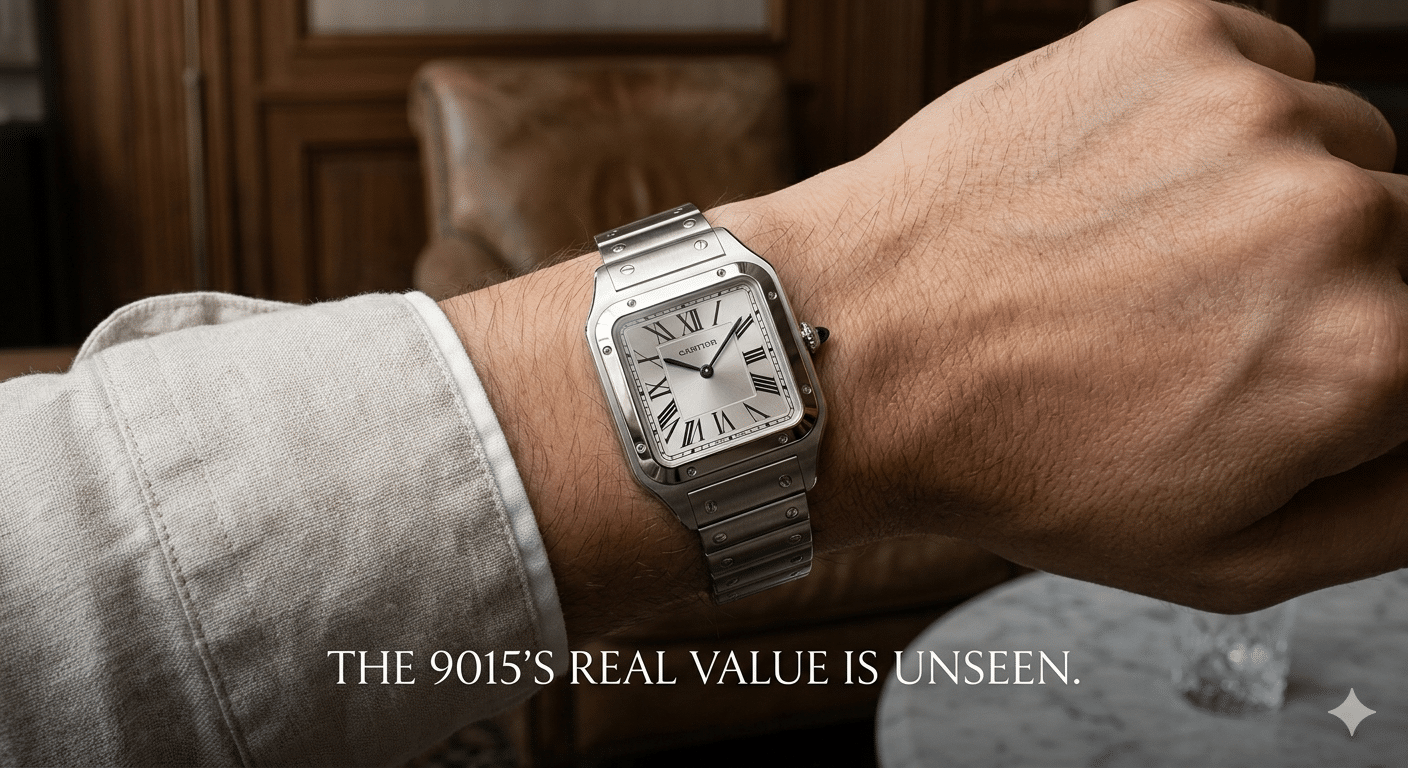 Wrist shot of a Santos replica, emphasizing its slim profile and integrated look, with the caption "The 9015's real value is unseen."