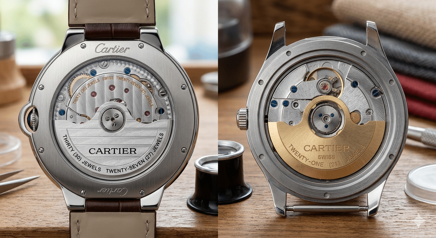 Close-up comparison: Genuine Cartier 1847 MC movement with fine finishing vs. a replica movement with a generic rotor and coarse decoration.
