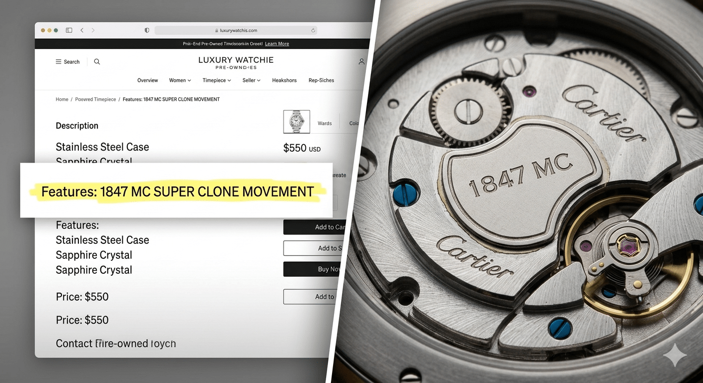 Side-by-side: A seller's listing screenshot highlighting "1847 MC Super Clone" text next to a macro photo of a generic replica movement with a glued-on decorative plate.