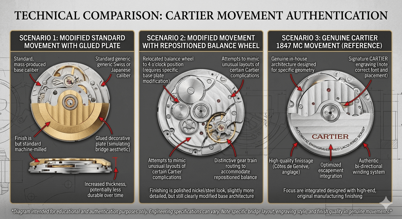 Diagram illustrating the three scenarios: 1. Standard movement with glued decorative plate. 2. Modified movement with balance wheel at 4 o'clock. 3. Genuine 1847 MC movement for comparison.