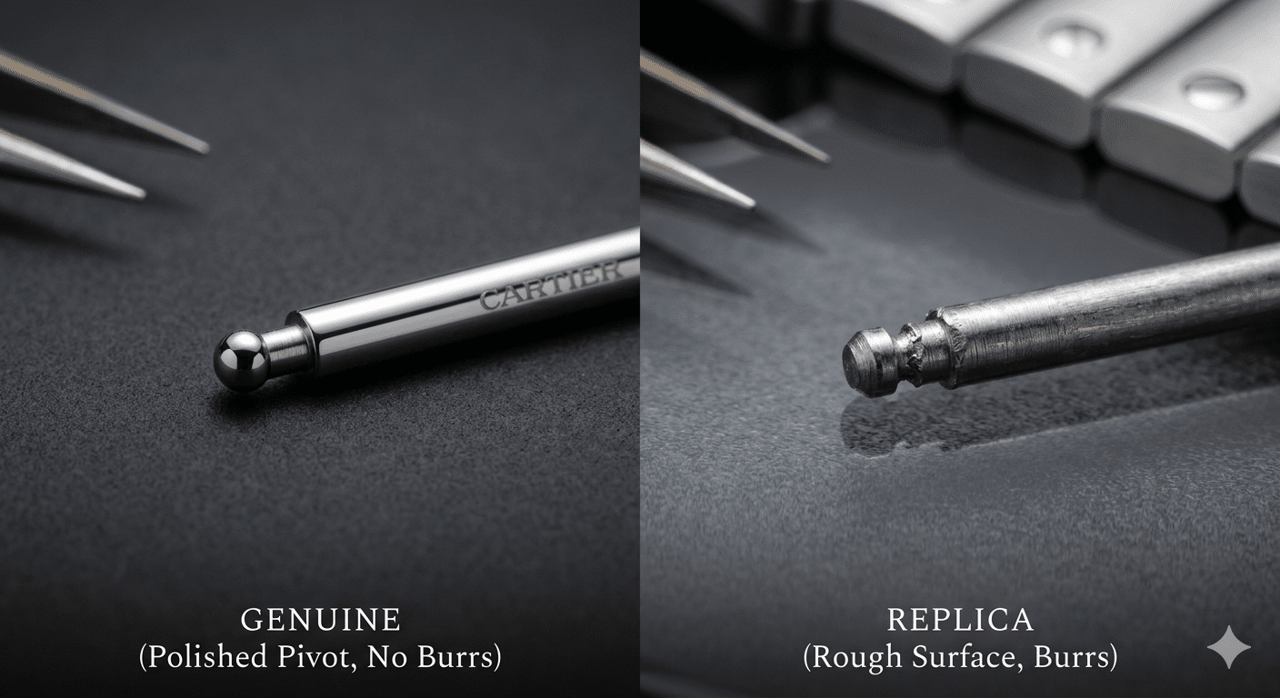 Macro shot comparing the polished, flawless pivot on a genuine Santos QuickSwitch spring bar (left) to a replica bar (right) showing visible machining burrs and a rough, unfinished surface.