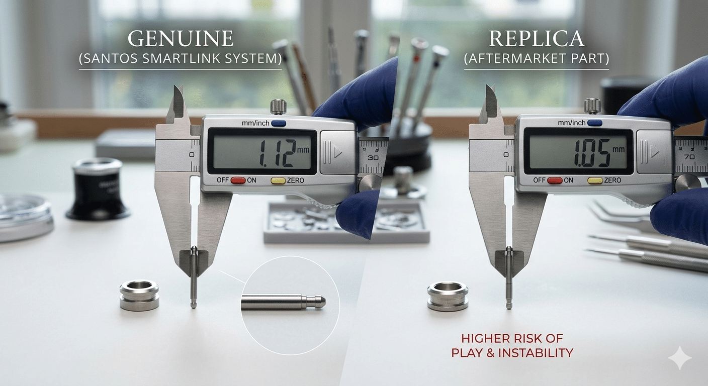 Side-by-side comparison showing a genuine Santos SmartLink pin and collar (left), cleanly machined, next to a replica set (right). A digital caliper shows the replica pin diameter is 0.07mm smaller than the genuine part, indicating a high risk of play.