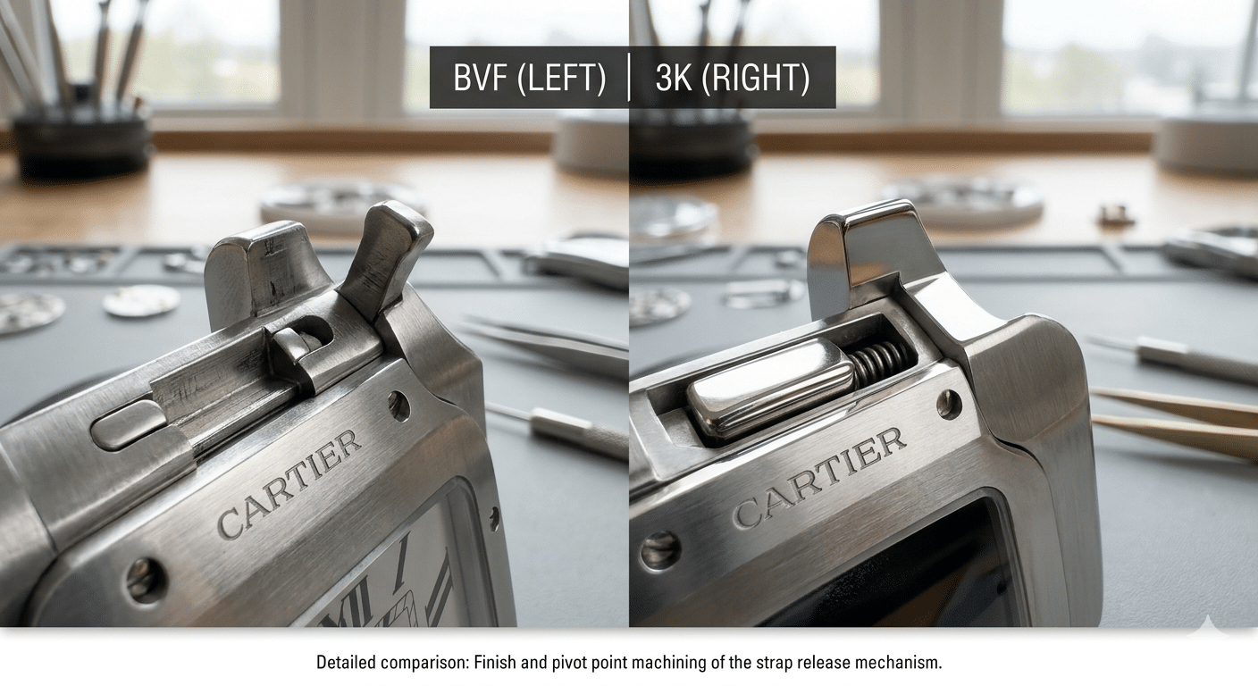 Close-up comparison of BVF (left) and 3K (right) Santos replica QuickSwitch button mechanisms, highlighting differences in finish and pivot point machining.