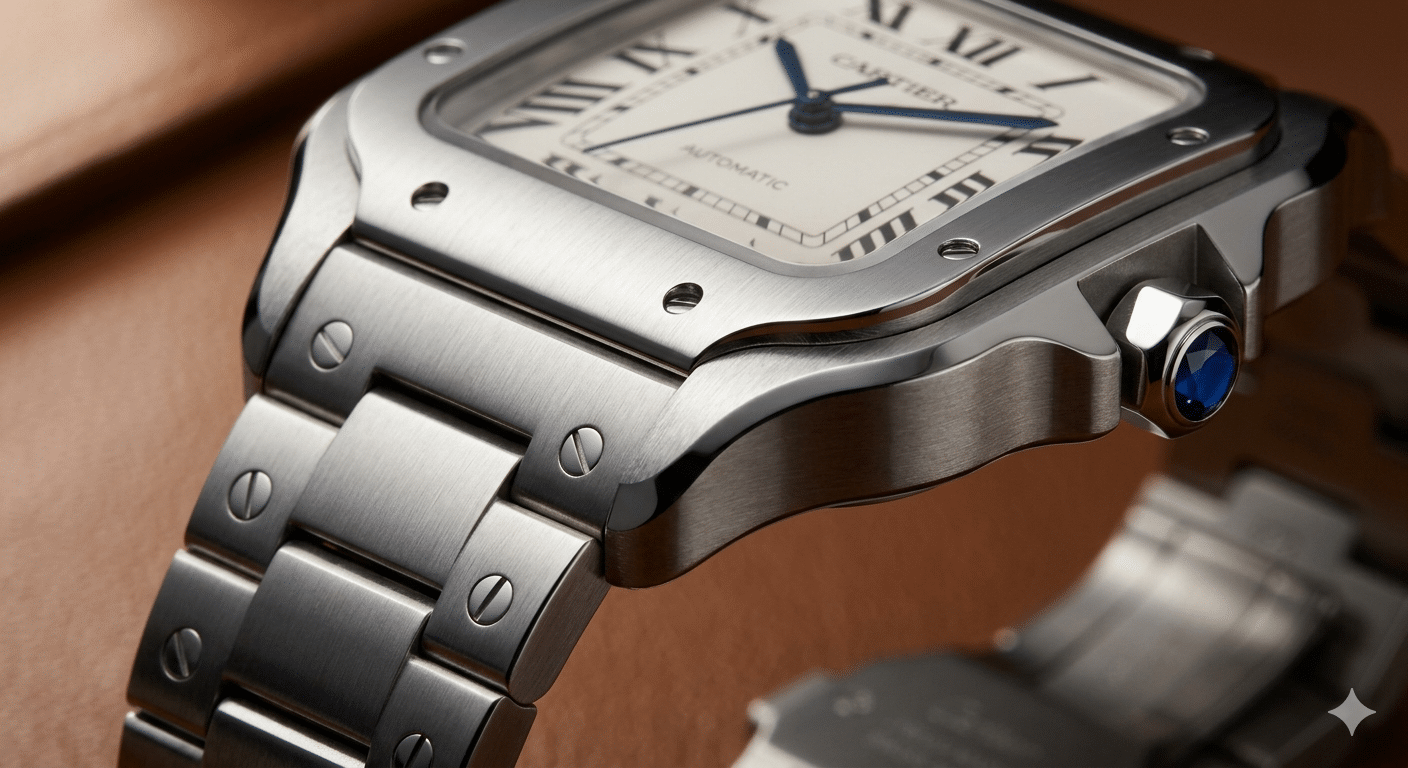 Close-up macro shot highlighting the seamless integration between the Santos case and the first link of a high-quality replica bracelet