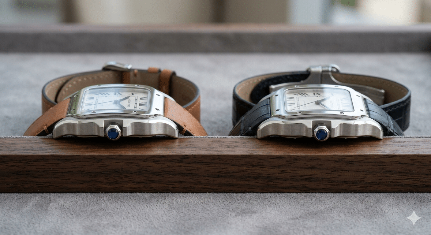 Side profile shot contrasting a flat, gap-prone leather strap against a pre-curved strap that hugs the Santos case seamlessly
