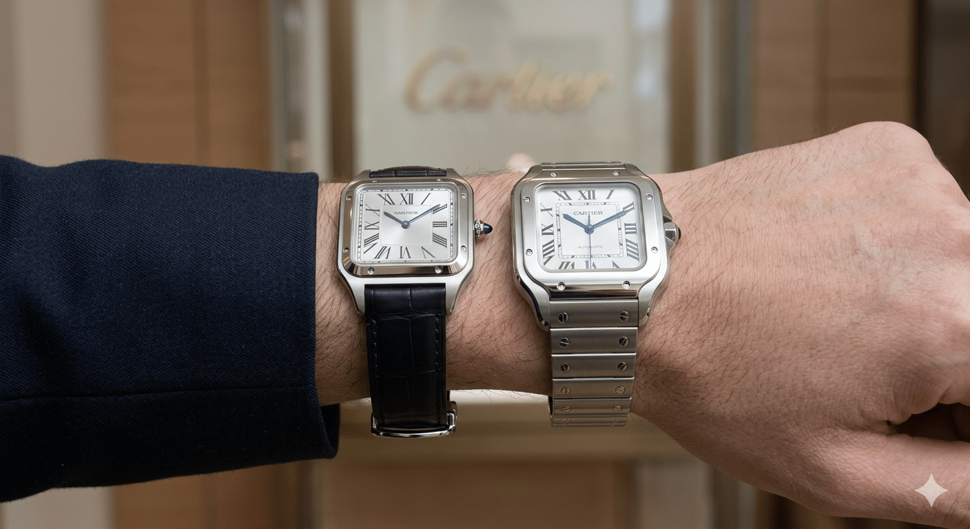 Side-by-side profile comparison showing the dramatic thickness difference between a Santos Dumont and a Santos de Cartier on wrist
