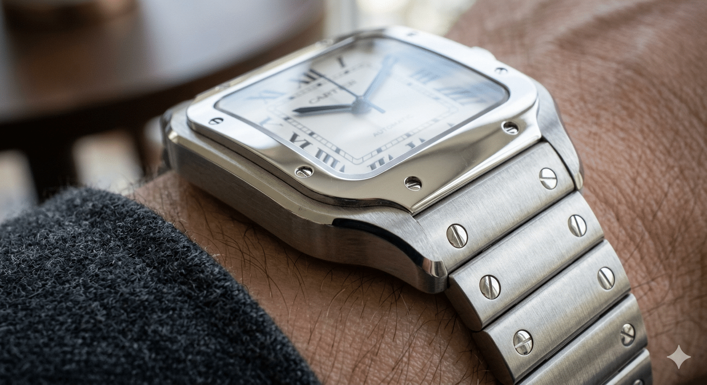 Close-up macro shot of the Santos de Cartier's bezel screws and bracelet integration, highlighting finish and alignment