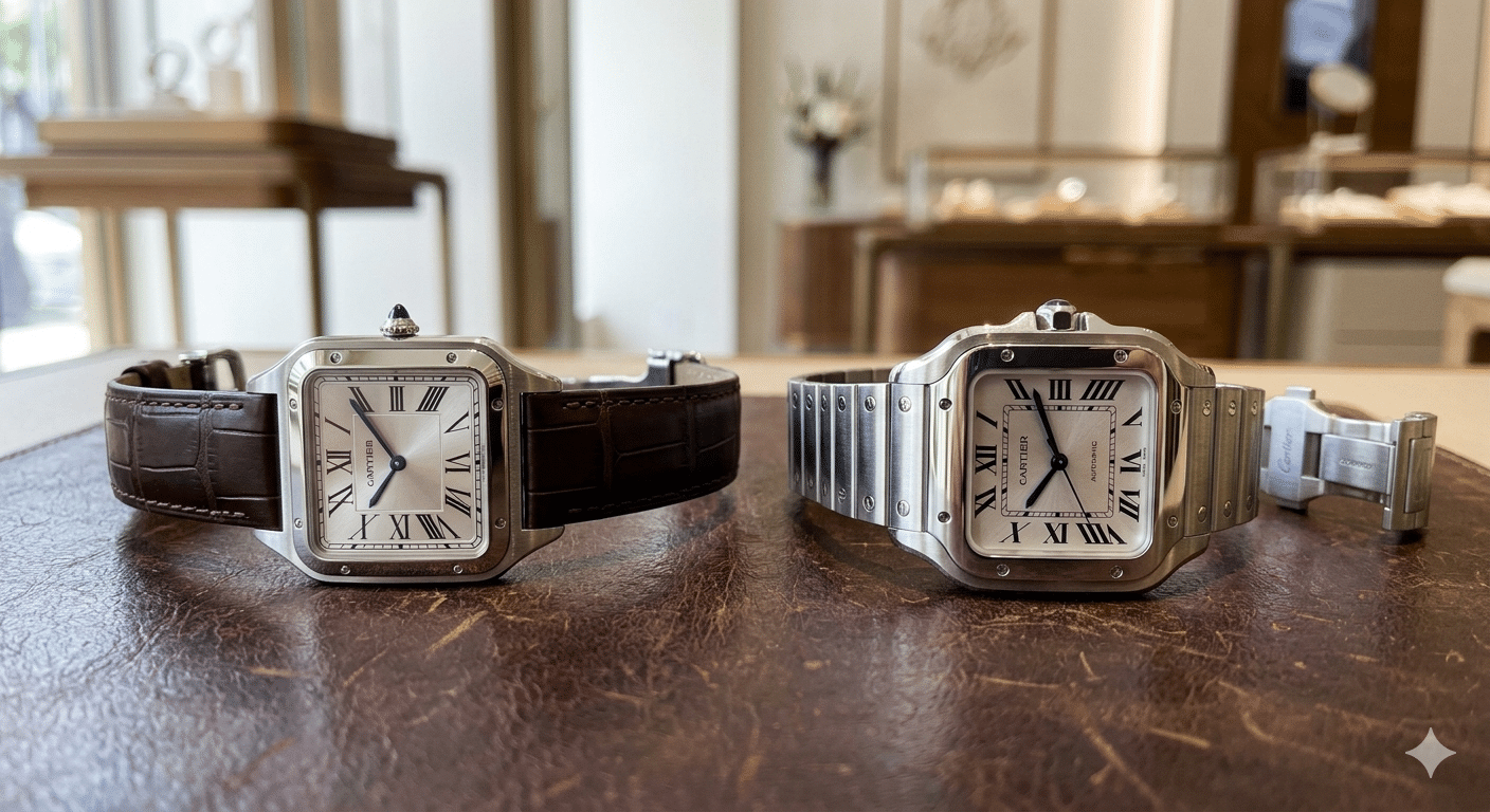 A side-by-side comparison showing a Santos Dumont on a leather strap next to a Santos de Cartier on its bracelet, highlighting the stark contrast in profile, thickness, and perceived substance.
