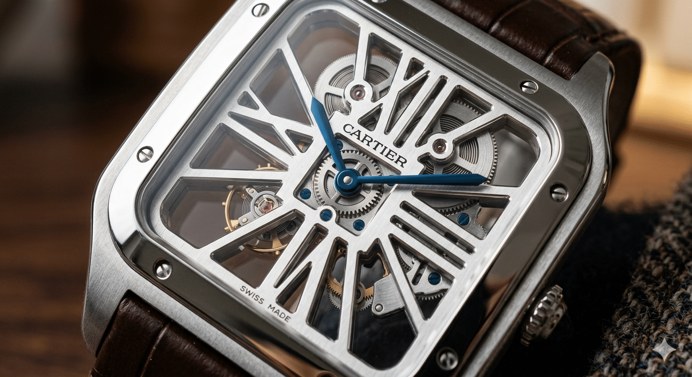 Close-up comparison showing the intricate skeletonized Roman numeral dial of a Cartier Santos, highlighting the precision required in the cut-outs and bridges.
