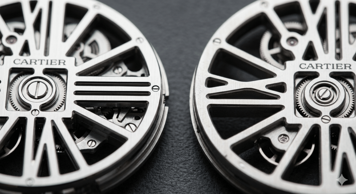 Side-by-side macro shot focusing on the Roman numeral 'X', comparing the sharp, clean edges of a genuine Santos Skeleton to the slightly rounded, softer edges of a typical replica.