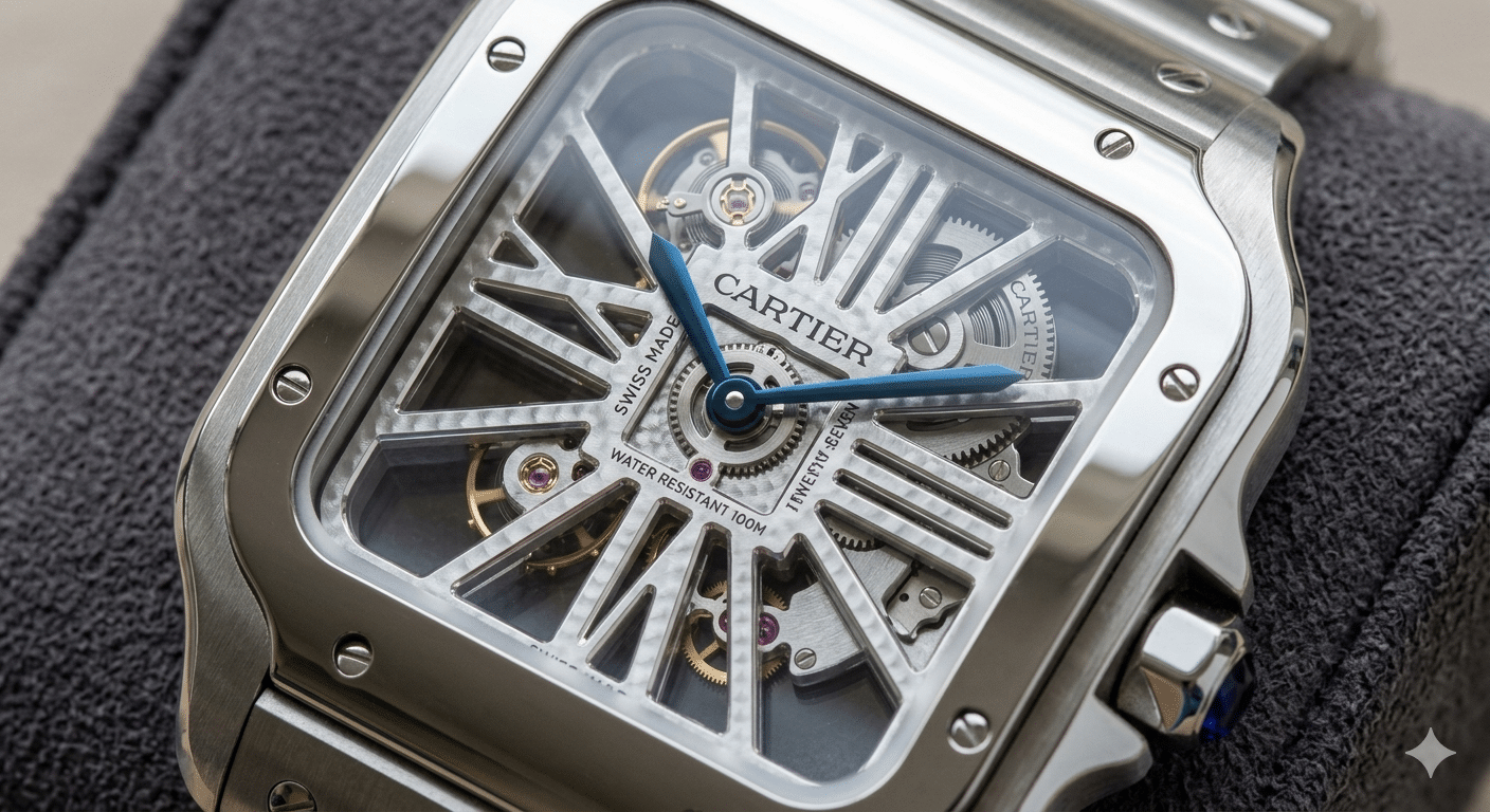 Detailed view of the movement decoration visible through a Santos Skeleton dial, highlighting perlage, bevelling, and engraving on the bridges.