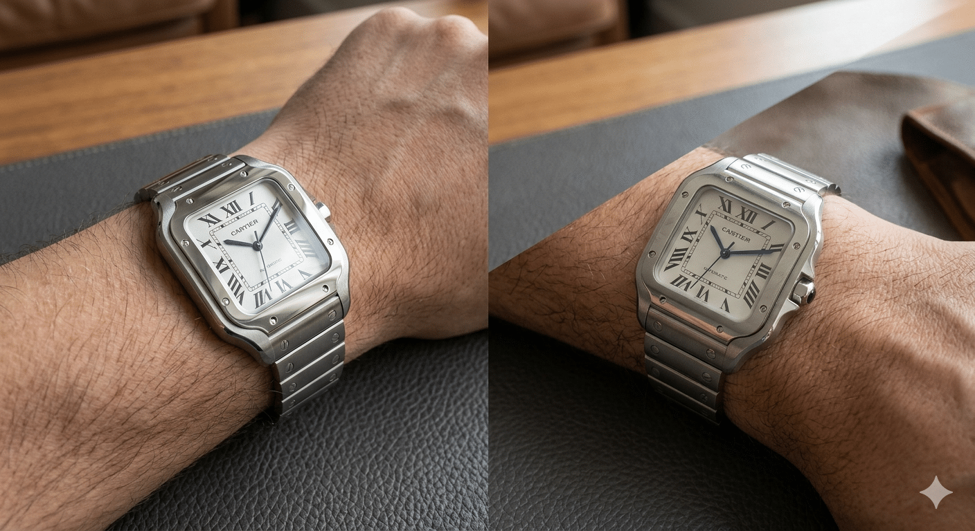 Side-by-side wrist shot of a high-tier vs. mid-tier Santos replica, focusing on the immediate visual cohesion difference