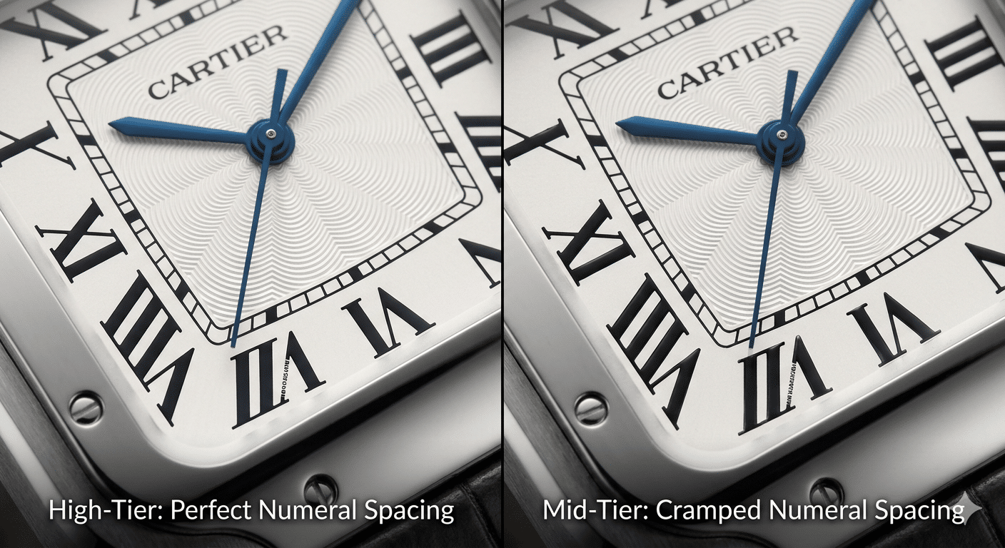 Extreme close-up comparison: High-tier Santos "VII" numeral spacing vs. Mid-tier, highlighting cramped "V" and "II"