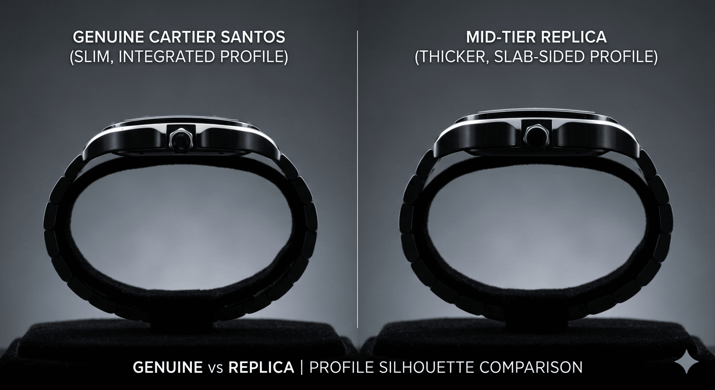 Side-by-side silhouette comparison showing a genuine Cartier Santos profile (slim, integrated) next to a mid-tier replica profile (noticeably thicker and slab-sided)