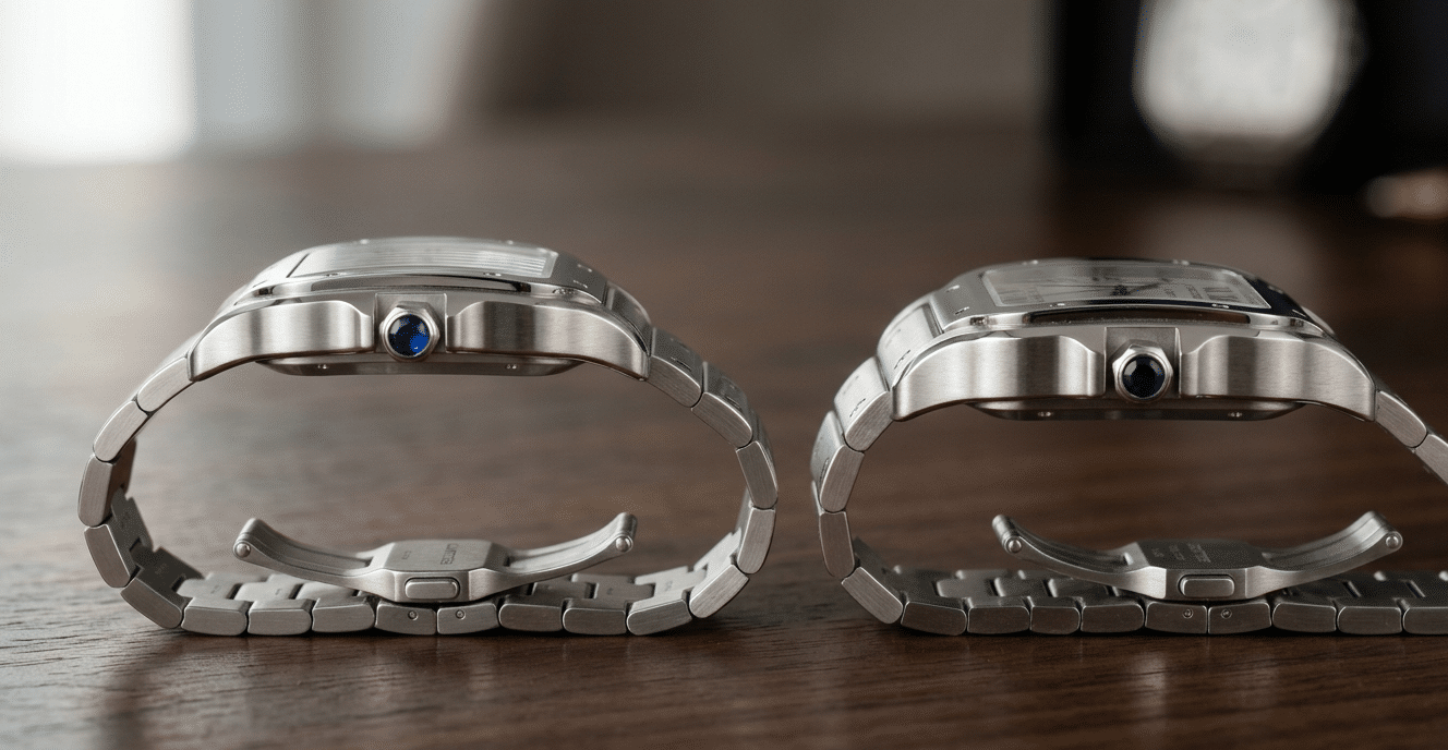 Side-by-side profile comparison of a gen Cartier Santos and a replica with a too-thick movement, highlighting the difference in silhouette