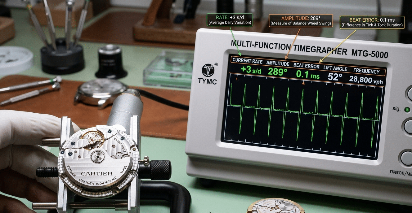 A close-up of a timegrapher screen showing readings for a replica Cartier movement, with annotations explaining amplitude and beat error