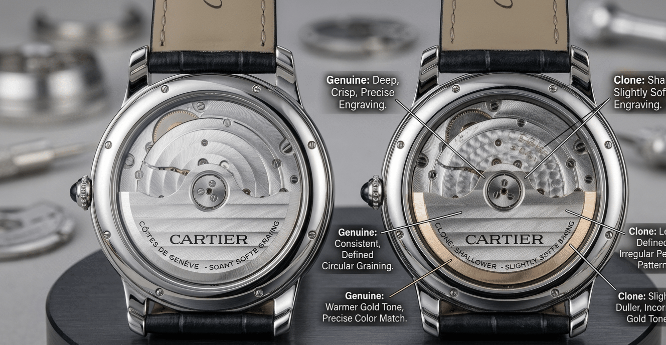 Macro comparison of a genuine Cartier 1847 MC rotor and a super clone version, pointing out specific finishing details like engraving depth, perlage pattern, and rotor weight color
