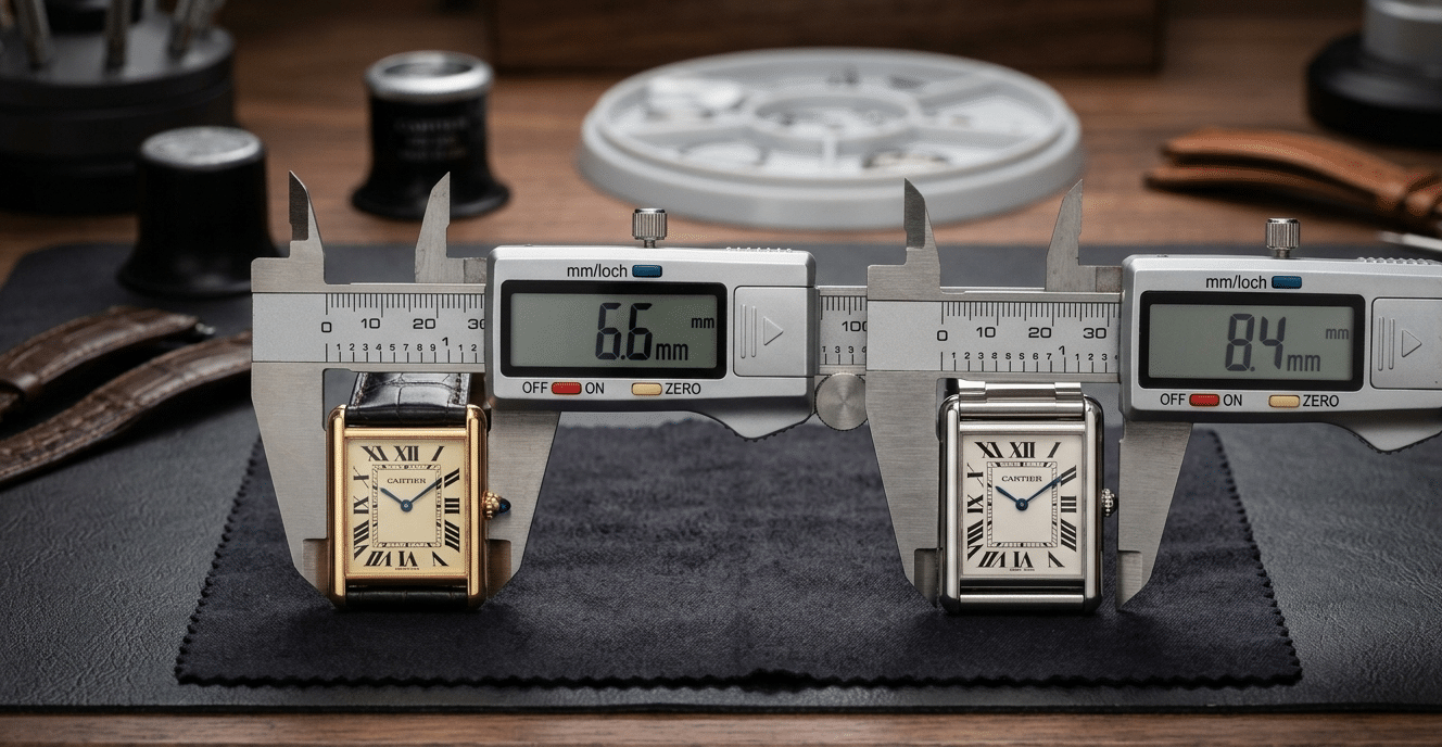 Side-by-side comparison of a gen Cartier Tank and a thick replica, with calipers showing the difference in millimeter measurements.