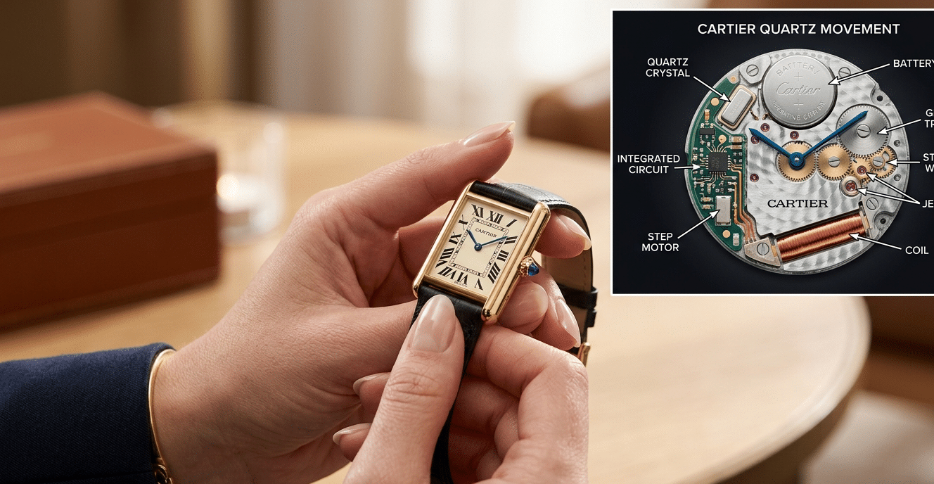 A hand holding a Cartier Tank, focusing on the crown, with an inset diagram showing the precise internal mechanism of a high-end quartz movement.