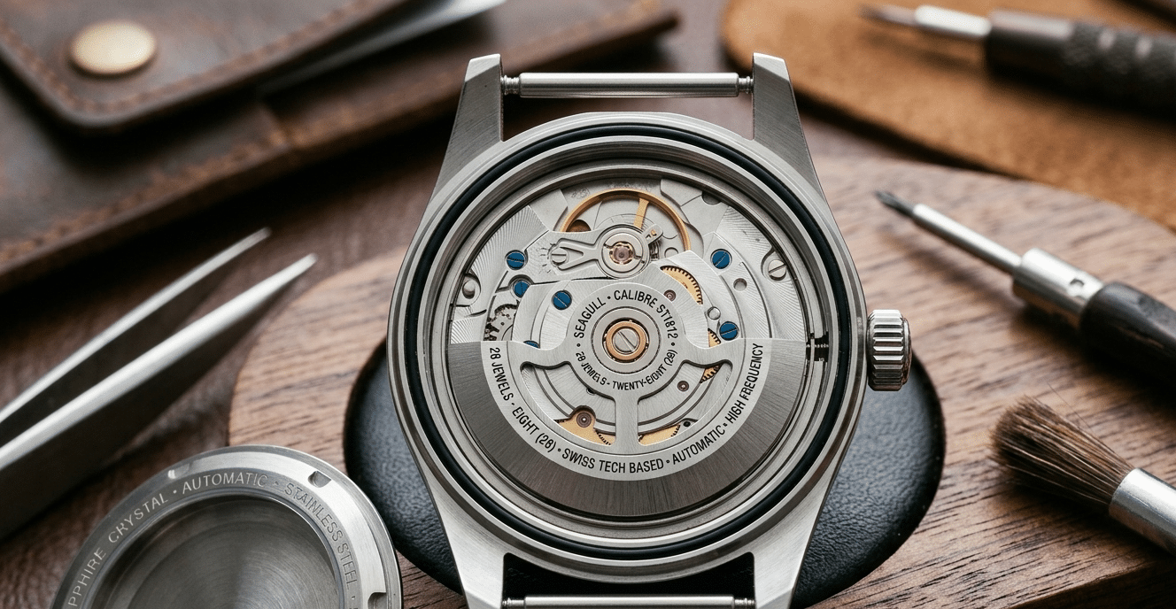 A close-up, top-down view of a Seagull ST1812 movement inside an open replica watch case, highlighting the generic rotor engraving and industrial finishing.