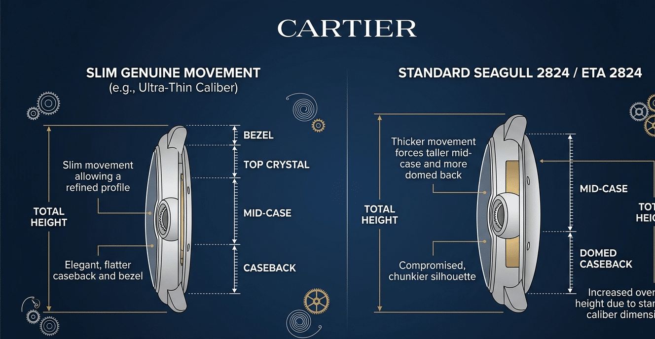 A diagrammatic side-profile comparison showing the height breakdown of a watch case. A slim genuine movement allows for a thinner case, while a thicker Seagull 2824 forces a taller mid-case and a more domed caseback, ruining the silhouette.