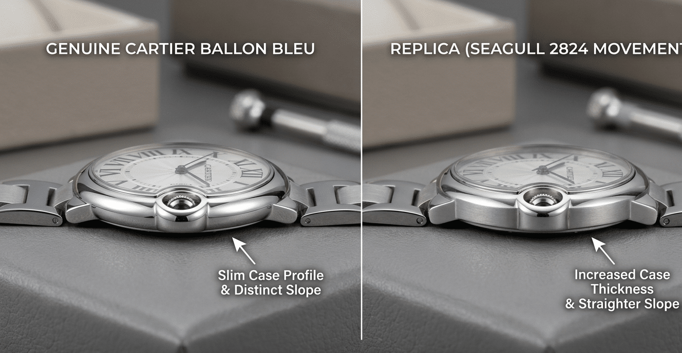 Side-by-side profile comparison of a genuine Cartier Ballon Bleu and a replica with a Seagull 2824, highlighting the difference in case slope and thickness.