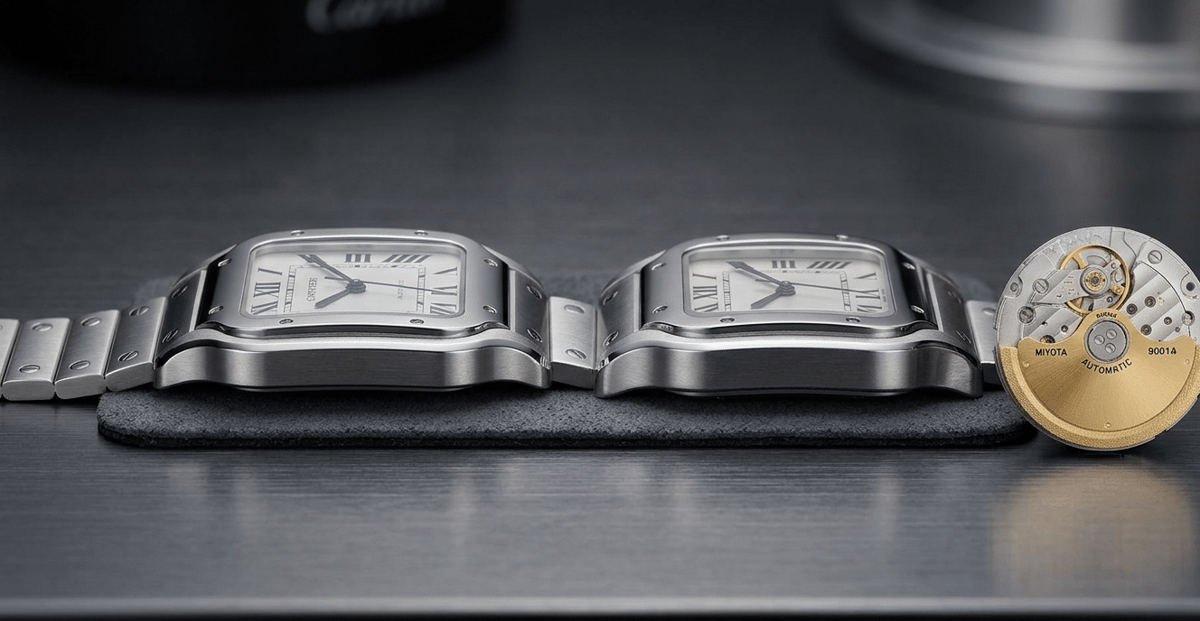 Side-by-side profile comparison showing the slim silhouette of a genuine Cartier Santos alongside a replica case, with a Miyota 9015 movement next to it, visually emphasizing the critical relationship between movement height and case thickness.