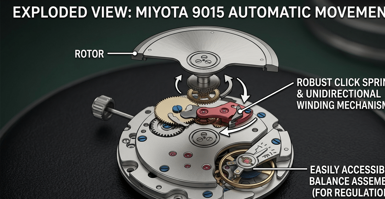 A close-up, exploded view diagram of a Miyota 9015 movement, highlighting the unidirectional winding mechanism and rotor, with callouts pointing to the robust click spring and the easily accessible balance assembly for regulation.