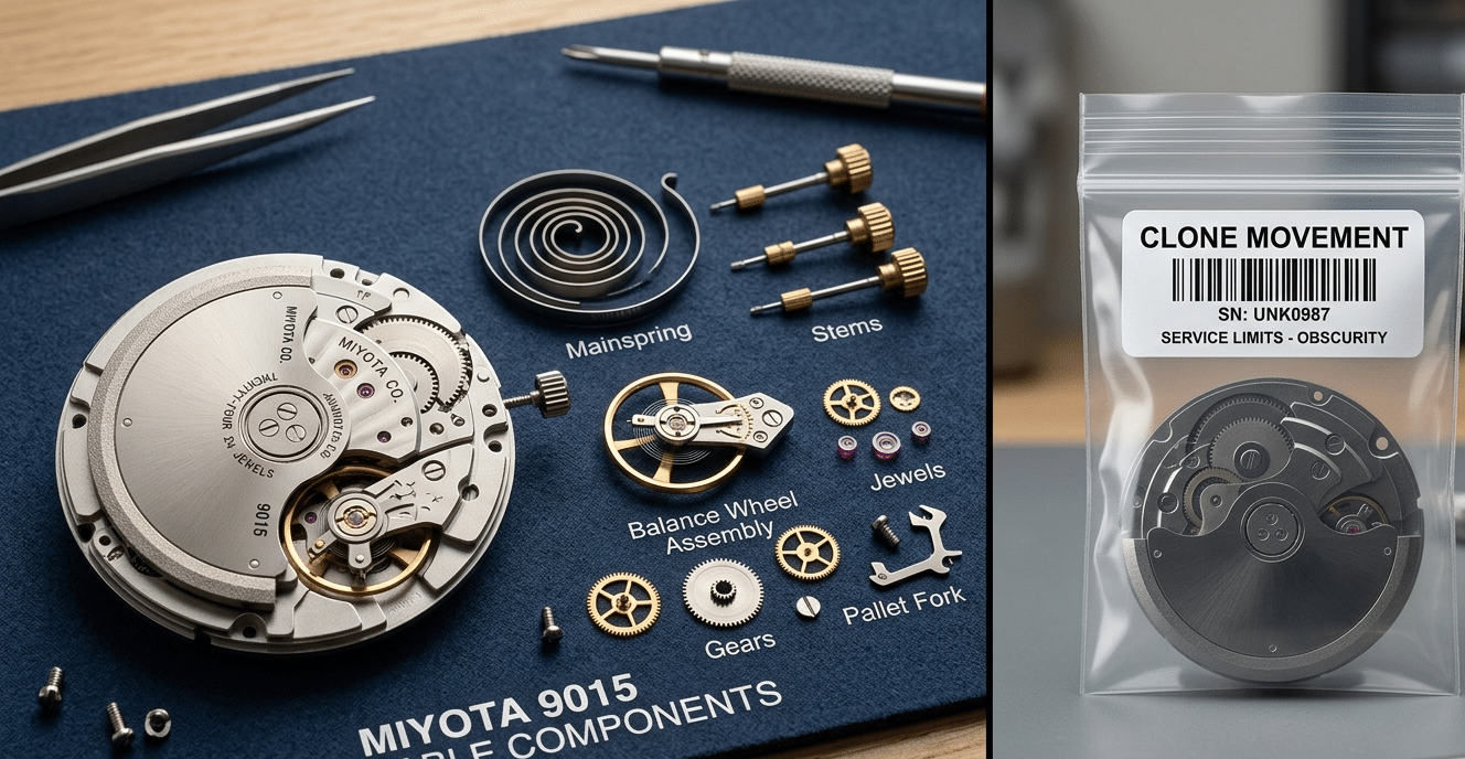 A split image showing a disassembled Miyota 9015 movement with common spare parts like mainsprings, stems, and balance wheels laid out next to it, contrasted with a generic, unmarked clone movement sealed in a plastic bag, symbolizing serviceability versus obscurity.